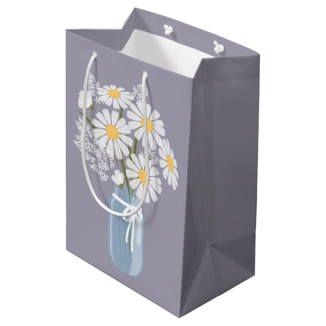 White Daisies Mason Jar on Lavender Medium Gift Bag (Back Angled)