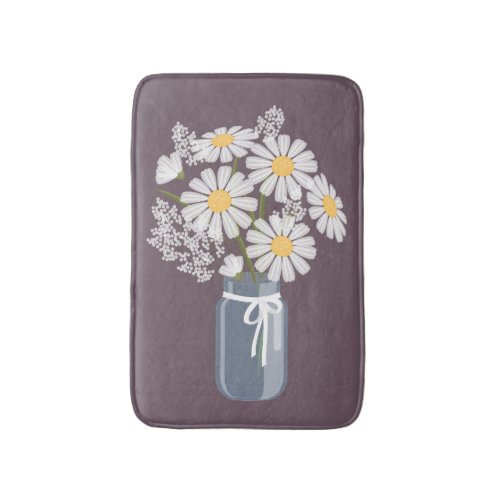 White Daisies Mason Jar on Plum Purple Bathroom Mat