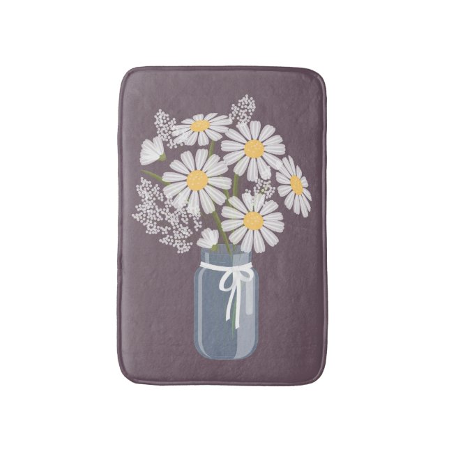 White Daisies Mason Jar on Plum Purple Bathroom Mat (Front Vertical)