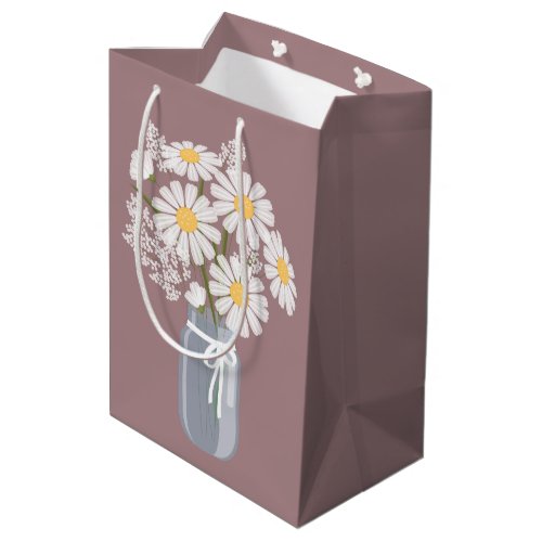 White Daisies Mason Jar on Rosy Brown Medium Gift Bag