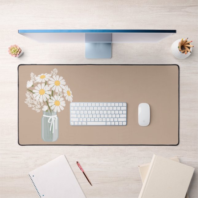 White Daisies Mason Jar on Rustic Beige Desk Mat (Office 1)