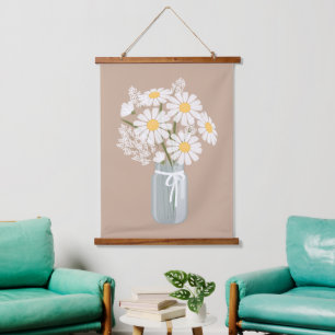 White Daisies Mason Jar on Rustic Beige Hanging Tapestry