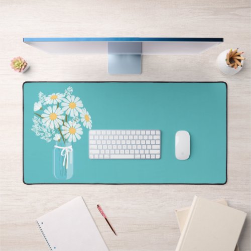 White Daisies Mason Jar on Teal Desk Mat