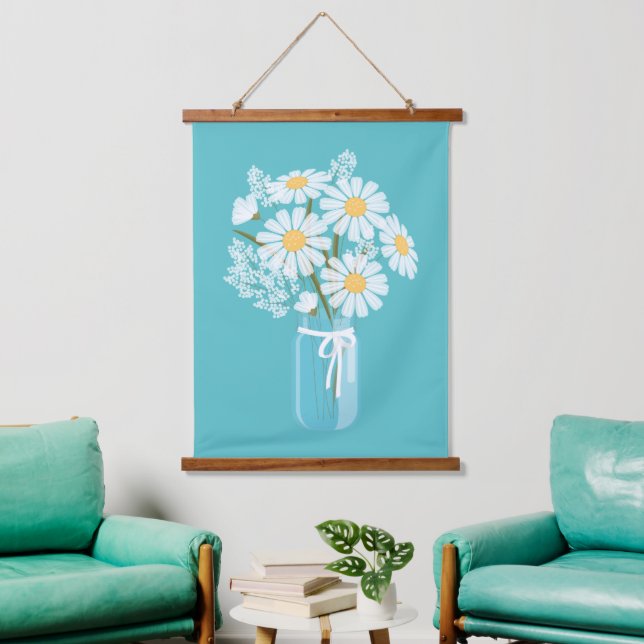 White Daisies Mason Jar on Teal Hanging Tapestry (Living Room)