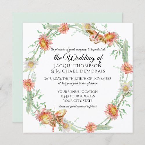 White Daisies Mint Green n Coral Butterfly Floral Invitation