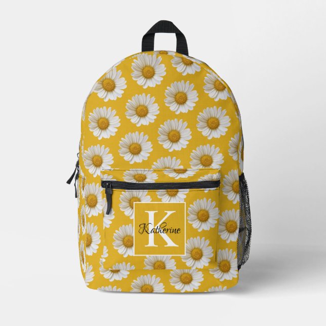 White Daisies Mustard Yellow Monogram Printed Backpack (Front)