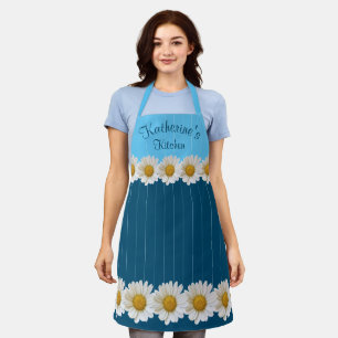 White Daisies Name Floral Blue Apron