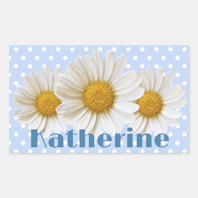 White Daisies Name Polka Dots Blue Rectangular Sticker (Front)
