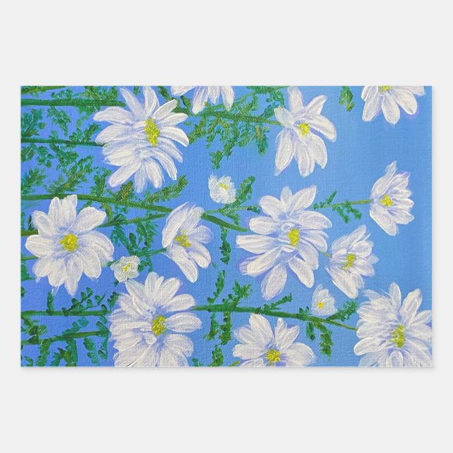 White Daisies on a Sky Blue background Wrapping Paper Sheets (Front)
