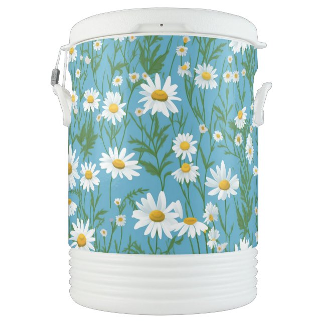 White Daisies On Aqua Beverage Cooler (Back)