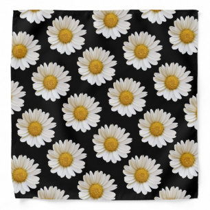 White Daisies on Black Background Bandana
