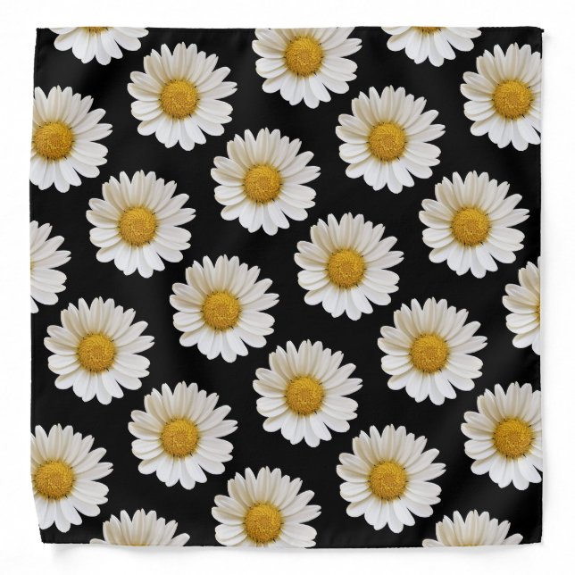 White Daisies on Black Background Bandana (Front)