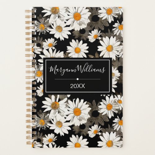 White Daisies on Black Floral Pattern Monogrammed Planner