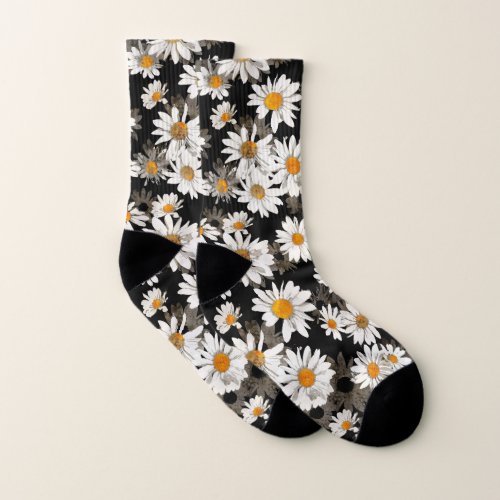 White Daisies on Black Floral Pattern Socks