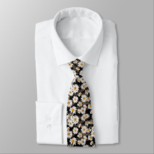 White Daisies on Black Floral Pattern Tie