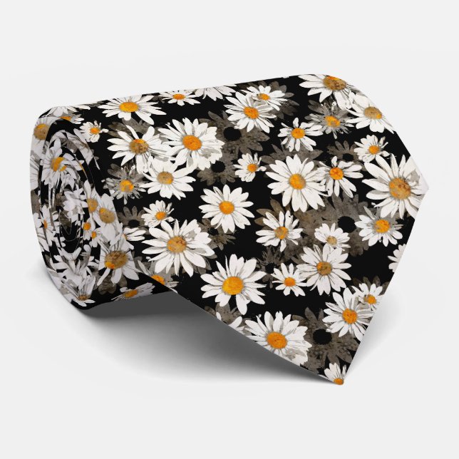 White Daisies on Black Floral Pattern Tie (Rolled)