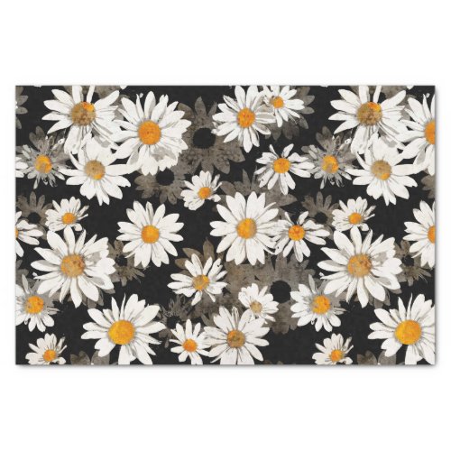White Daisies on Black Floral Tissue Paper