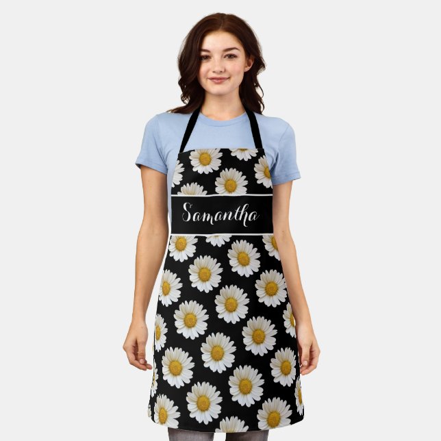 White Daisies on Black Personalized Apron (Worn)