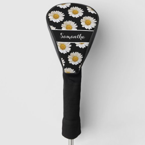 White Daisies on Black Personalized Golf Head Cover