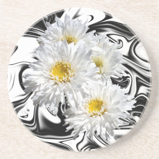 White Daisies On Black White Marble, Coaster (Front)