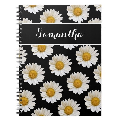 White Daisies on Black with Custom Name Notebook
