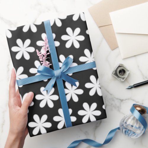 White Daisies on Black Wrapping Paper