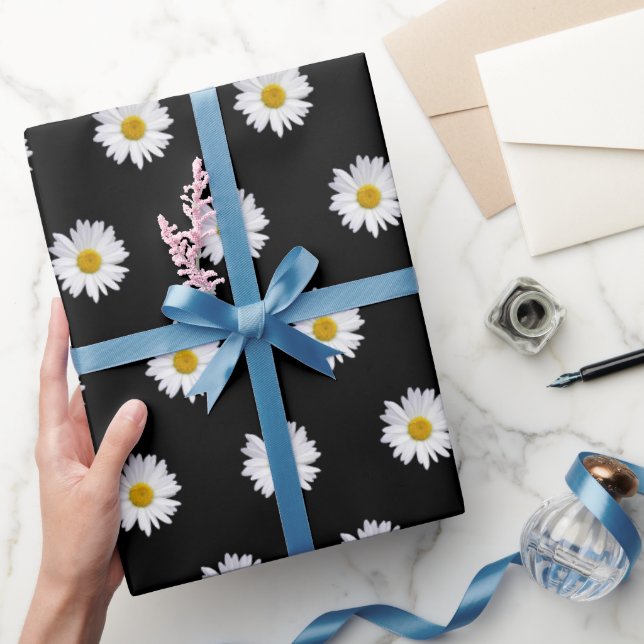 White Daisies on Black Wrapping Paper (Gifting)