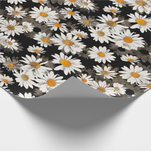 White Daisies on Black Wrapping Paper