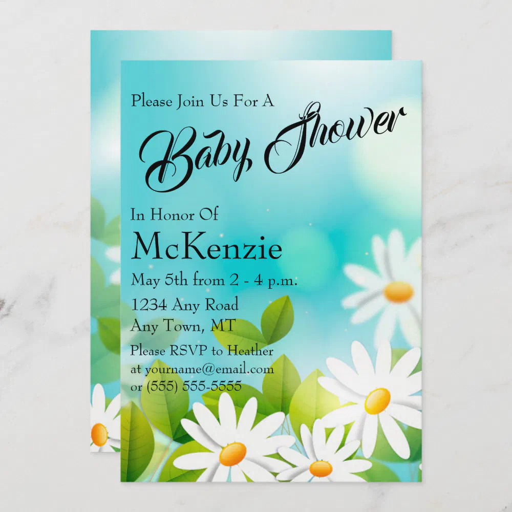 White Daisies On Blue Baby Shower Invitation