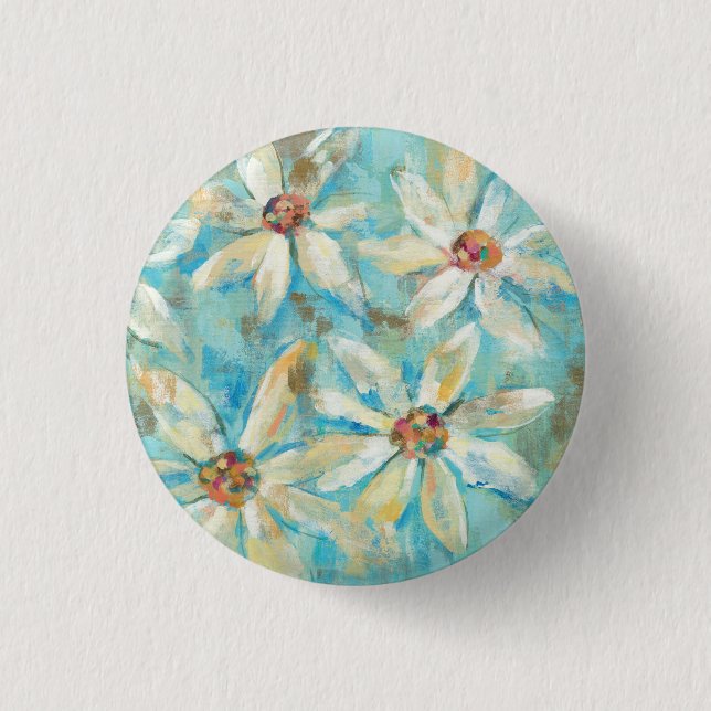 White Daisies on Blue Button (Front)