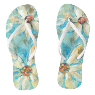White Daisies on Blue Flip Flops