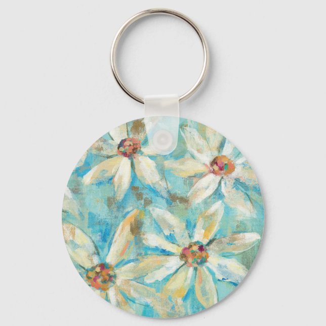 White Daisies on Blue Keychain (Front)