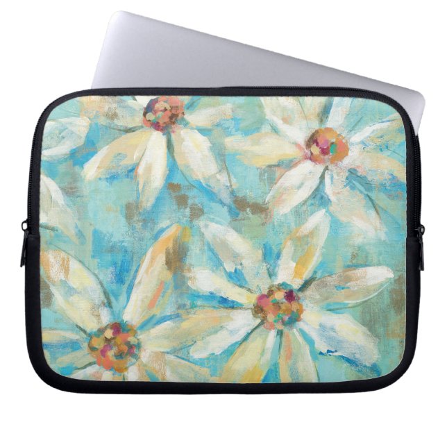 White Daisies on Blue Laptop Sleeve (Front)