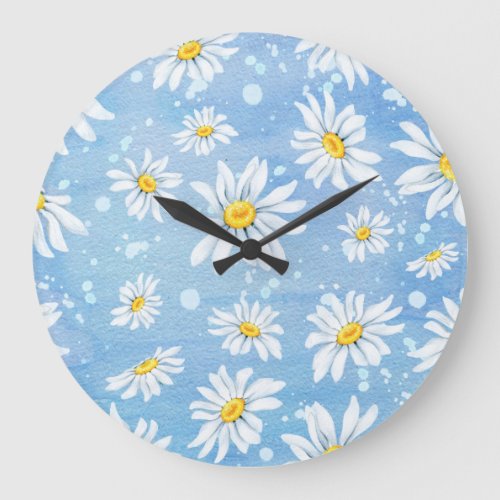 White Daisies on Blue Large Clock