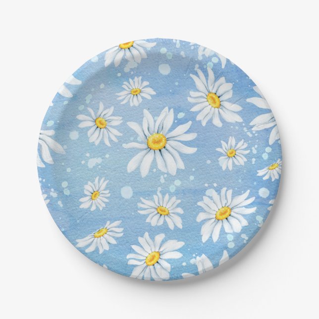 White Daisies on Blue Paper Plates (Front)