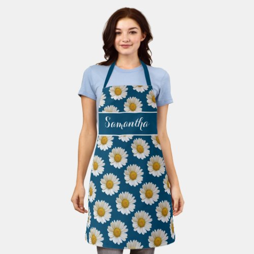 White Daisies on Blue Personalized Apron