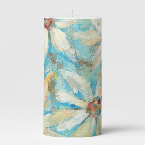 White Daisies on Blue Pillar Candle