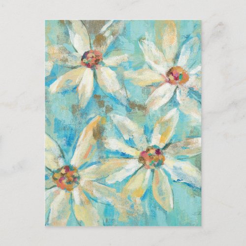 White Daisies on Blue Postcard