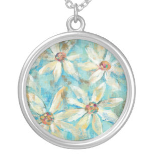 White Daisies on Blue Silver Plated Necklace