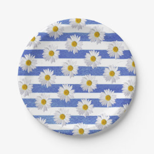 white daisies on blue watercolor stripe paper plates