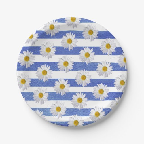 white daisies on blue watercolor stripe paper plates