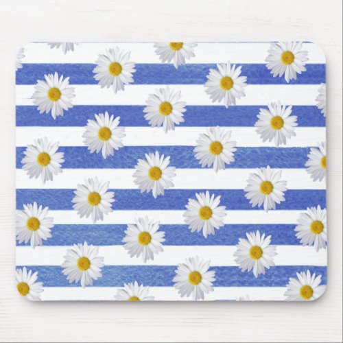 white daisies on blue  watercolor striping mouse pad