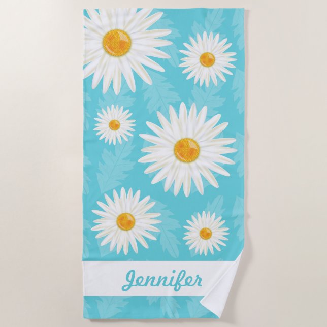 White Daisies On Blue With Custom Name Beach Towel (Front)