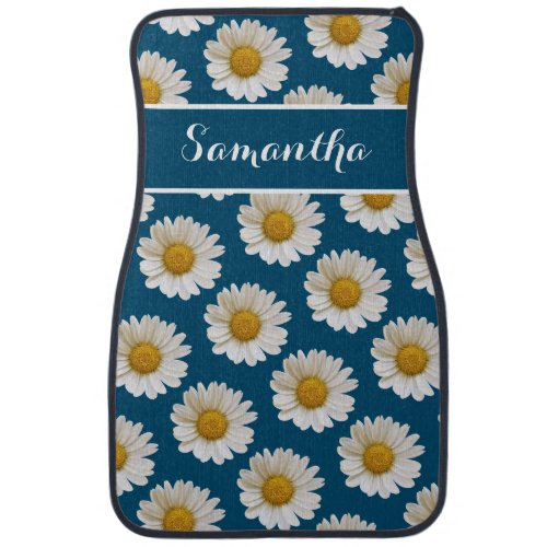 White Daisies on Blue with Custom Name Car Floor Mat