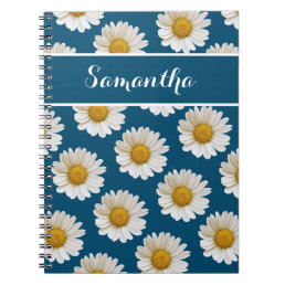 White Daisies on Blue with Custom Name Notebook