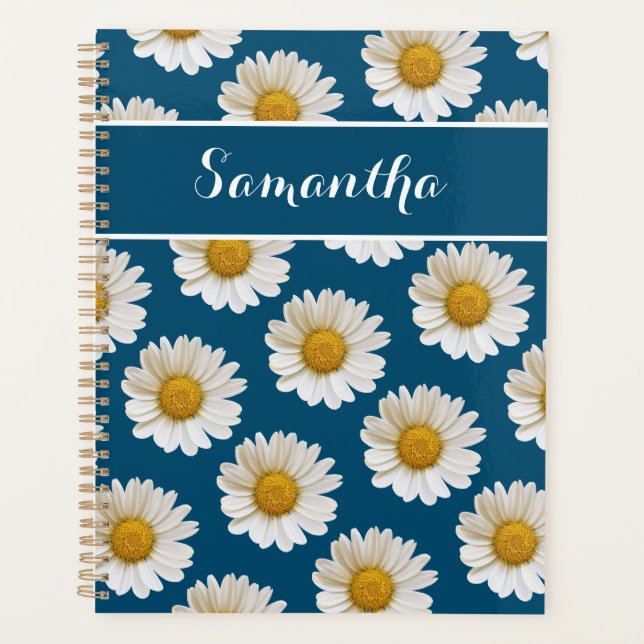 White Daisies on Blue with Custom Name Planner (Front)