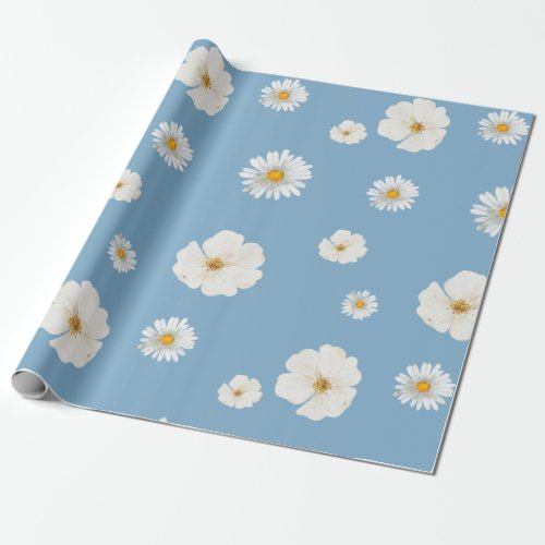  White Daisies on Blue Wrapping Paper