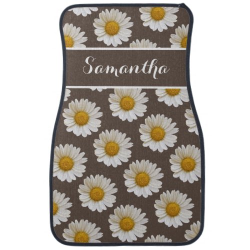 White Daisies on Brown Personalized Floral Car Floor Mat