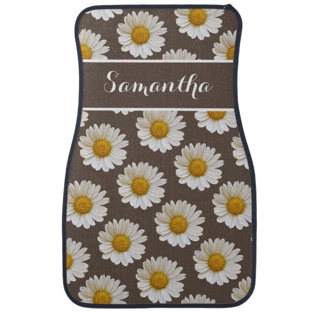 White Daisies on Brown Personalized Floral Car Floor Mat (Front)