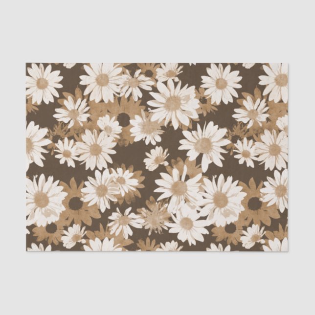 White Daisies on Chocolate Brown Floral Pattern Tissue Paper (Front)